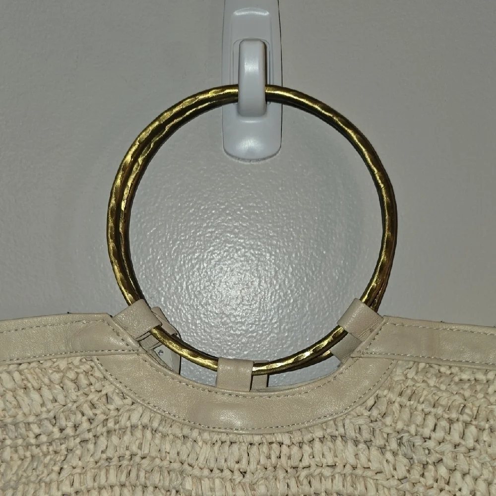 Anthropologie Beige Textured Tote with Gold Ring Handles NWT LOT-Q - Picture 7 of 11